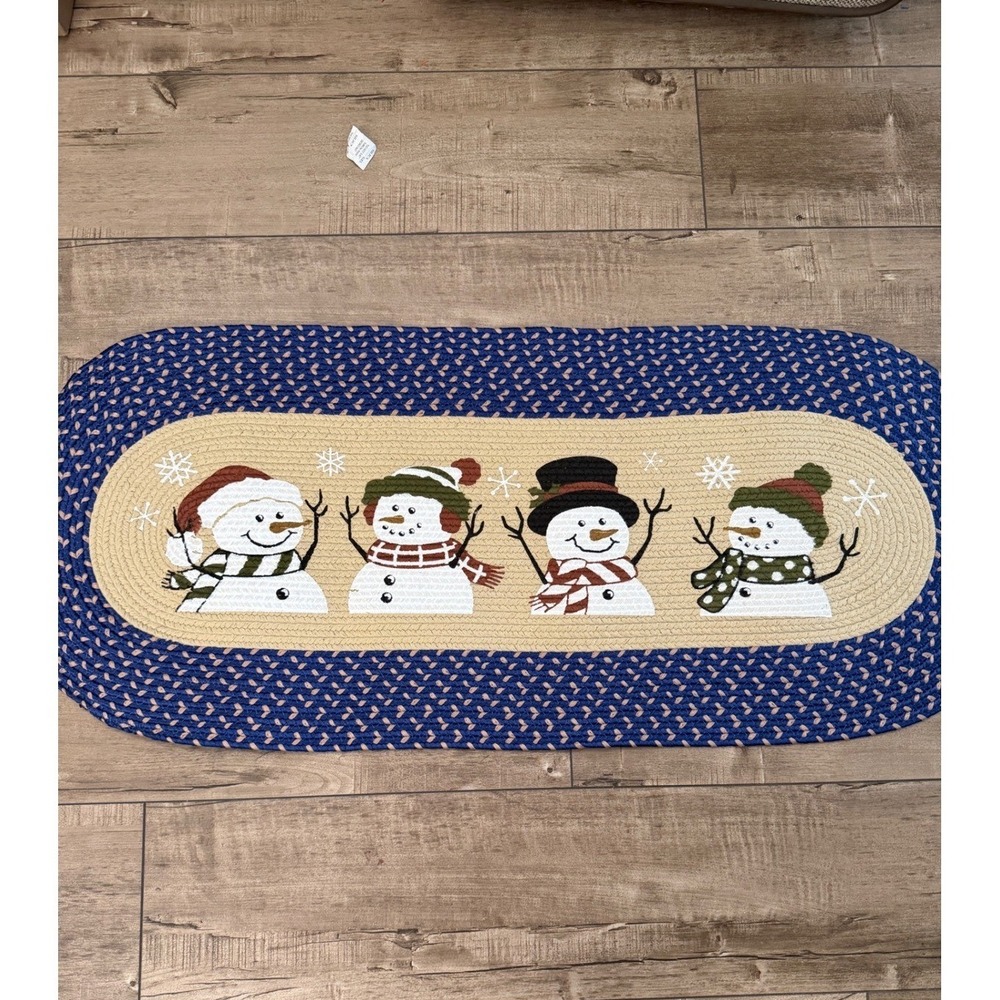 Collections Etc Snowmen Braided Oval Rug Blue Tan Winter Holiday Decor 36x20 New